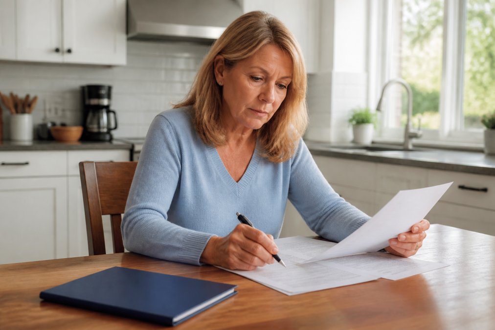 A woman in her late 50s sitting at a kitchen table reviewing Social Security paperwork with a pen and a folder nearby, soft natural light from a window