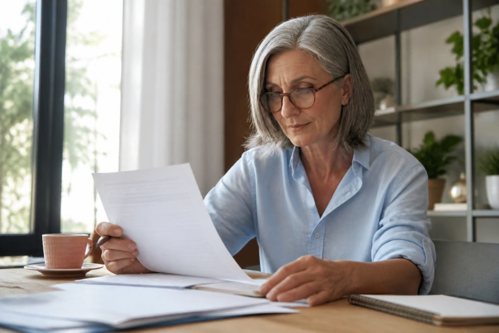 Woman in her 50s reviewing financial documents and a Social Security statement at her home desk, with a cup of coffee and notebook nearby, natural morning light streaming through the window