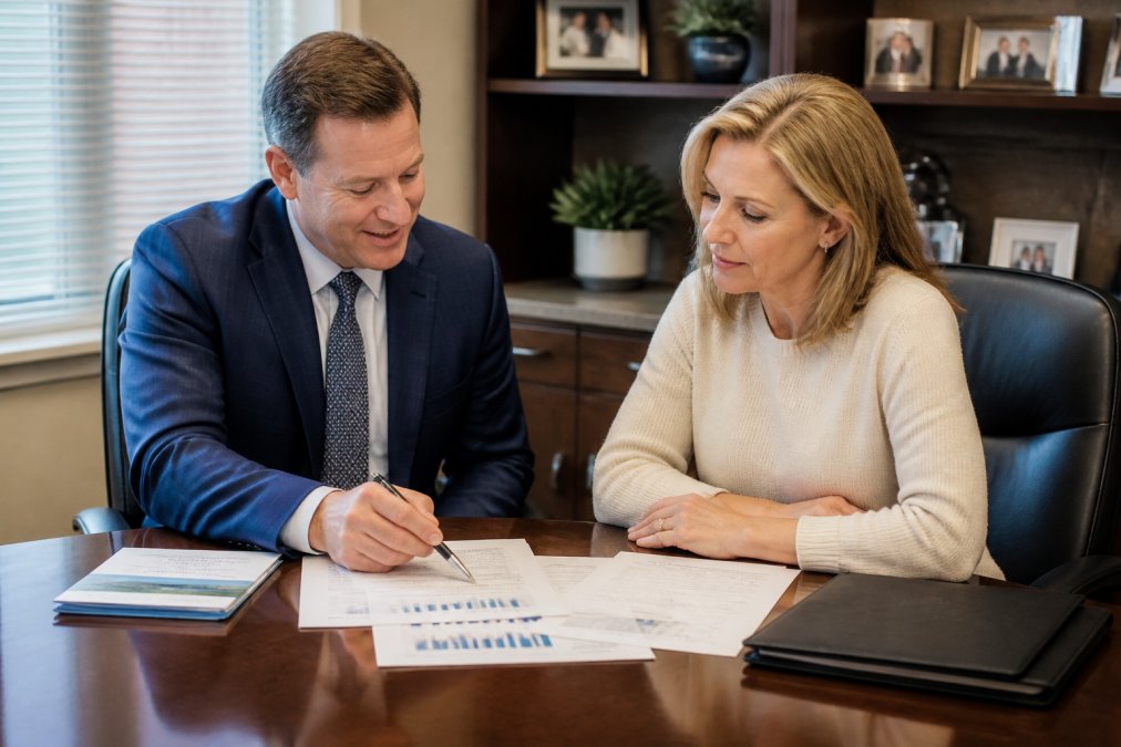 Financial advisor and female client in a professional office setting discussing retirement planning documents together, sitting at a desk with charts and statements visible