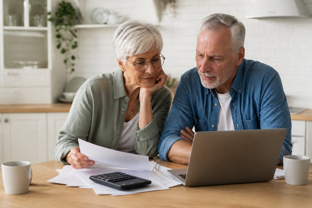 A relaxed senior couple reviewing financial documents on a laptop at a bright kitchen table, with a calculator and coffee mugs nearby