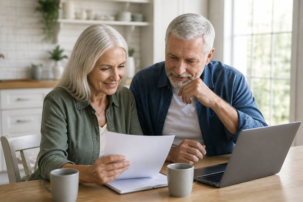 A relaxed couple in their early 60s reviewing financial documents together at a bright kitchen table with a laptop and coffee cups, natural morning light through a window