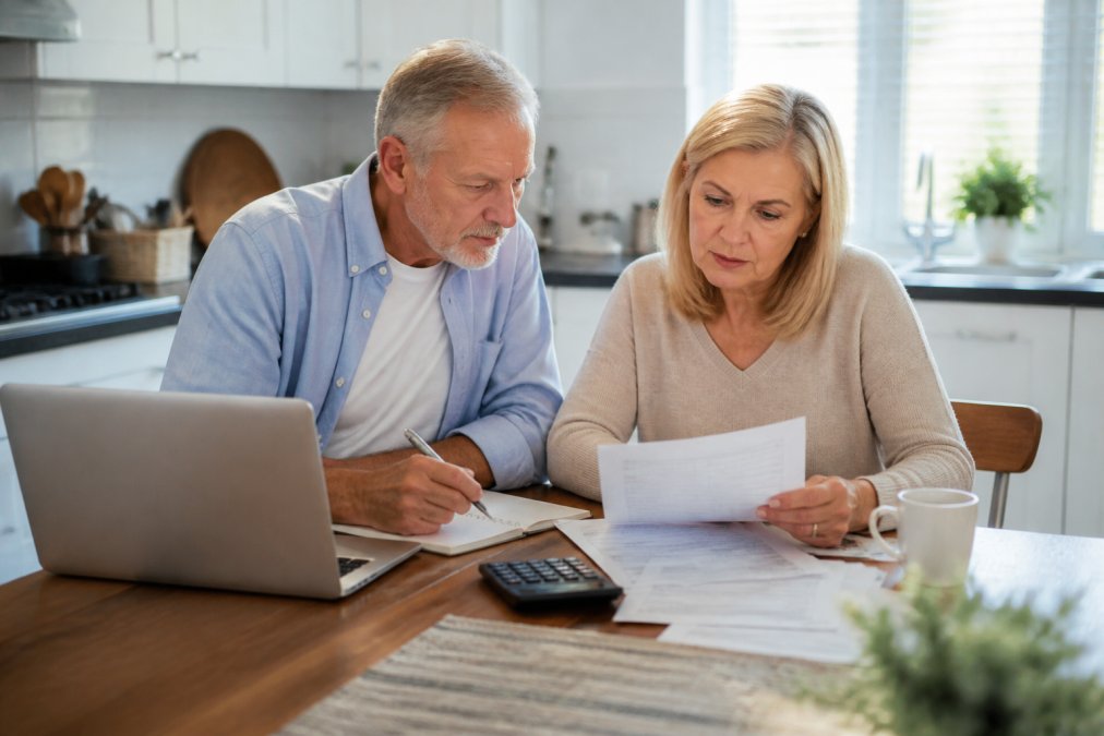 Mature couple sitting at a kitchen table with financial documents, calculator, and laptop, reviewing retirement planning notes and Social Security statements together in natural daylight
