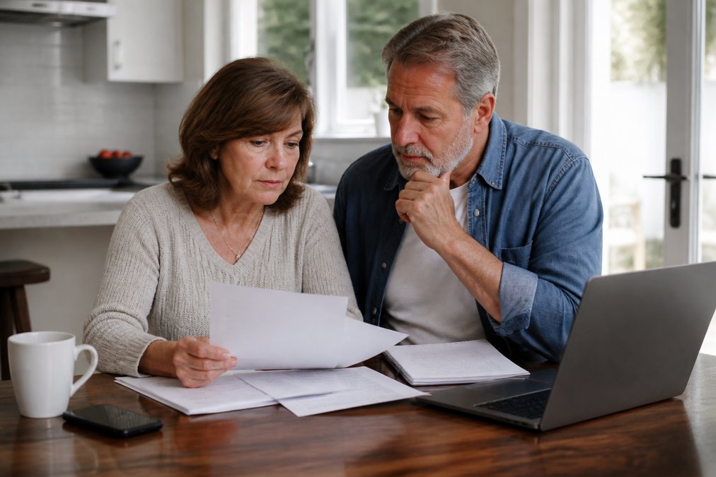 Middle-aged couple reviewing financial documents together at a kitchen table with a laptop and papers spread out, discussing retirement planning in natural daylight