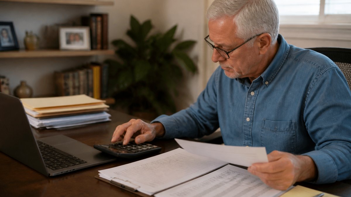 A retiree sitting at a home office desk with documents, a calculator, and a laptop displaying tax worksheets and retirement income planning materials