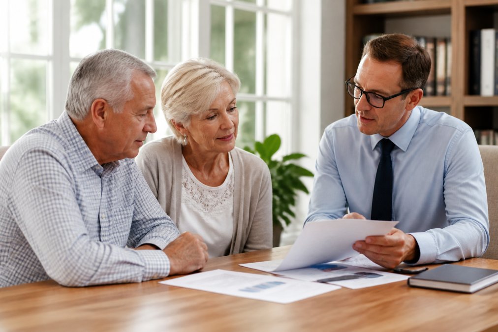 Financial advisor and client discussing retirement planning documents in a professional office setting with charts and reports on the desk, soft natural lighting from windows