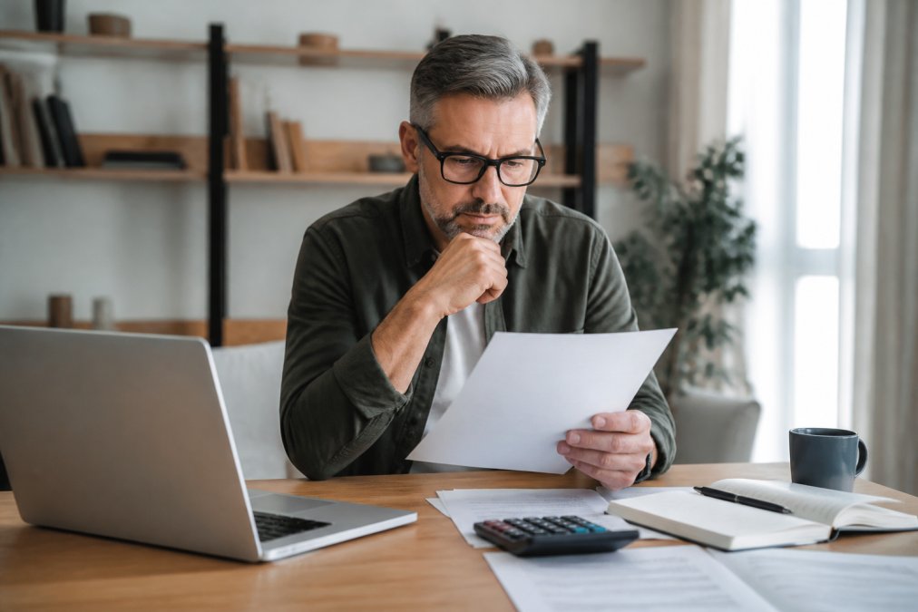 Professional in their late 50s reviewing retirement documents and financial statements at a desk with a laptop, calculator, and coffee cup nearby