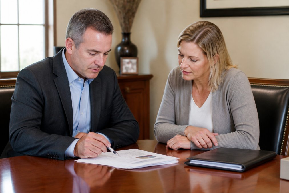 Financial advisor and client discussing retirement plans together in an office setting, with documents and charts visible on the desk between them
