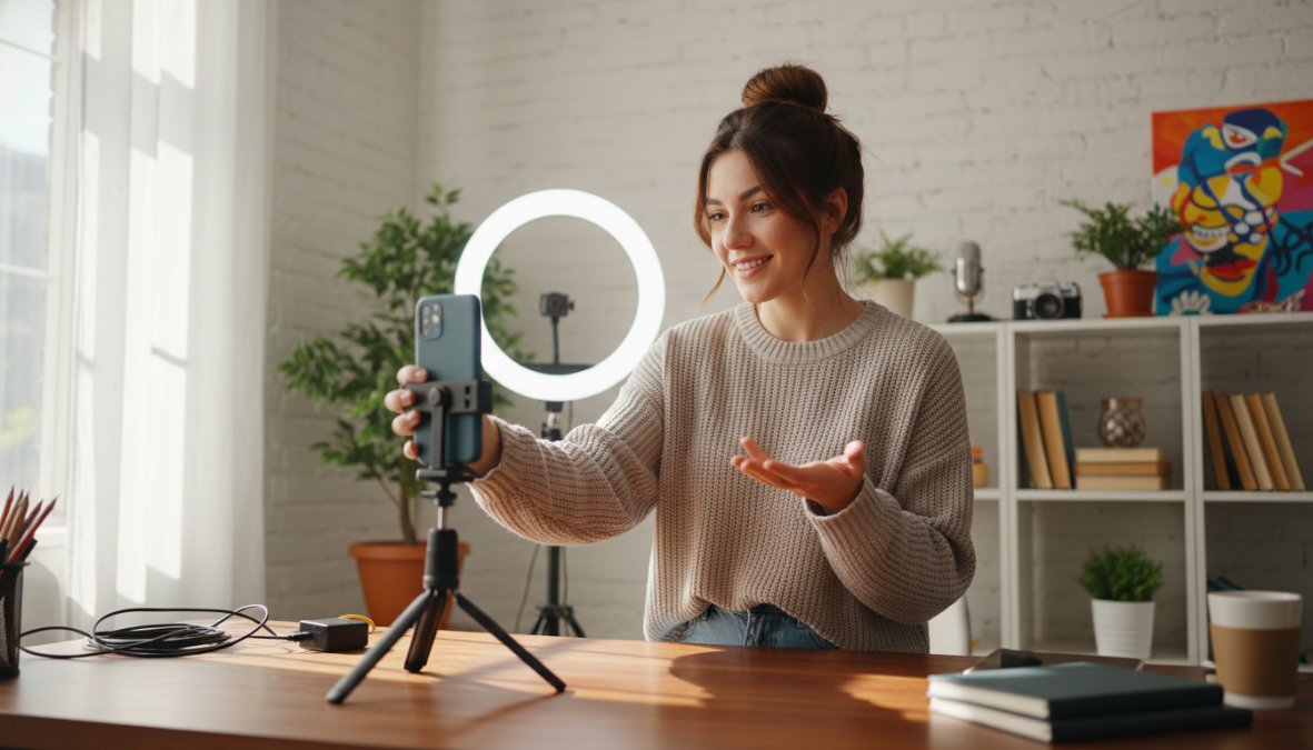 A young content creator filming a short vertical video with a smartphone on a tripod in a well-lit home studio setup, ring light glowing softly in the background, casual clothing, focused expression