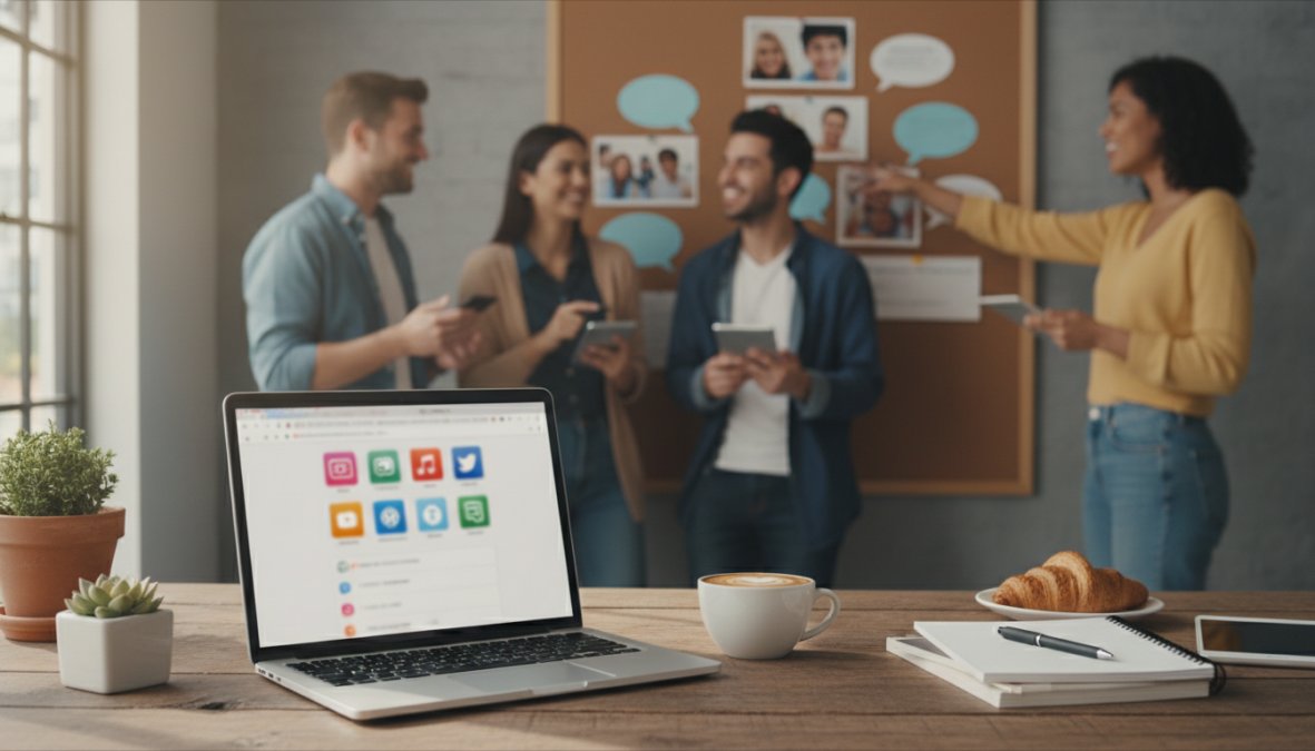 A small business owner smiling while replying to comments on a smartphone, sitting at a wooden desk with a coffee cup and open laptop nearby in a cozy, warmly lit office