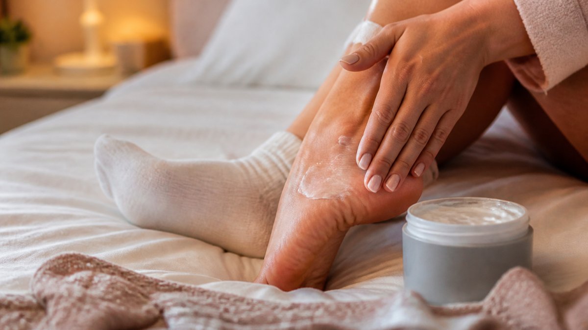 Close-up of hands applying rich moisturizing cream to heels and feet, with soft white socks and a jar of cream on a comfortable bed setting with warm lighting