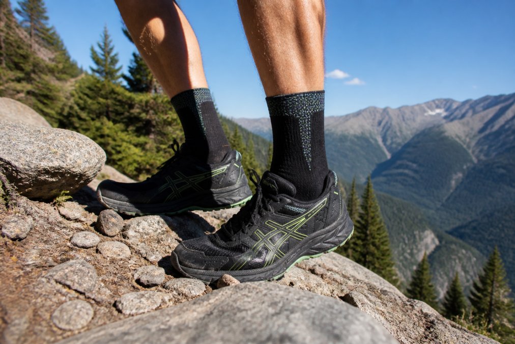 Hiker on a rugged mountain trail wearing athletic socks with visible reinforced areas and moisture-wicking material, mid-stride on rocky terrain with pine trees and mountain backdrop