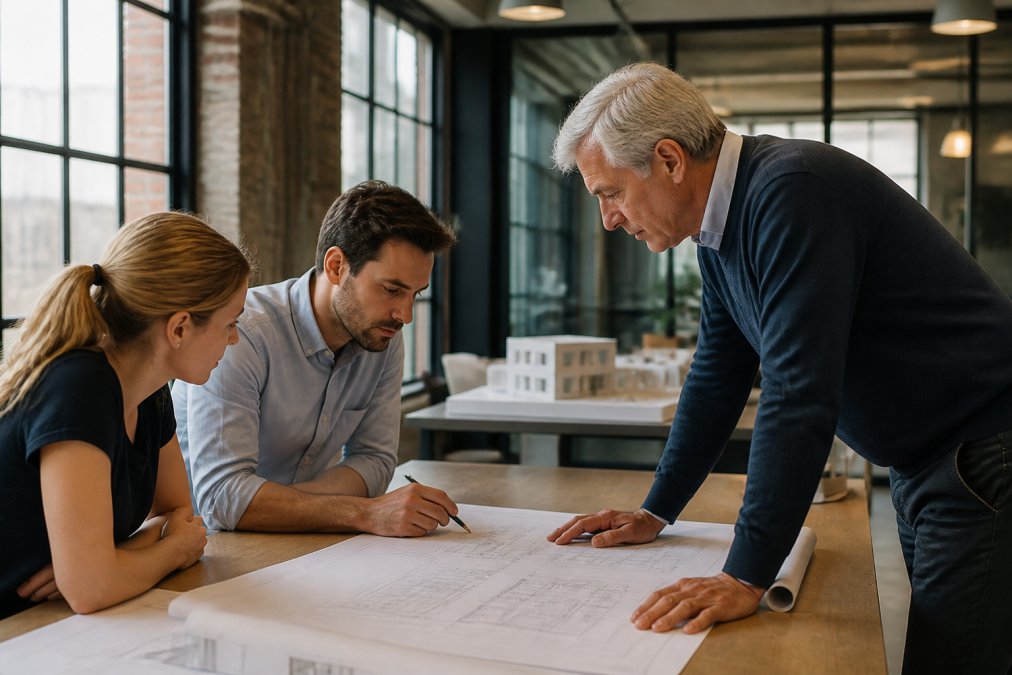 Architects and engineers reviewing building design blueprints and energy modeling data on a large monitor in a professional consulting office with natural lighting