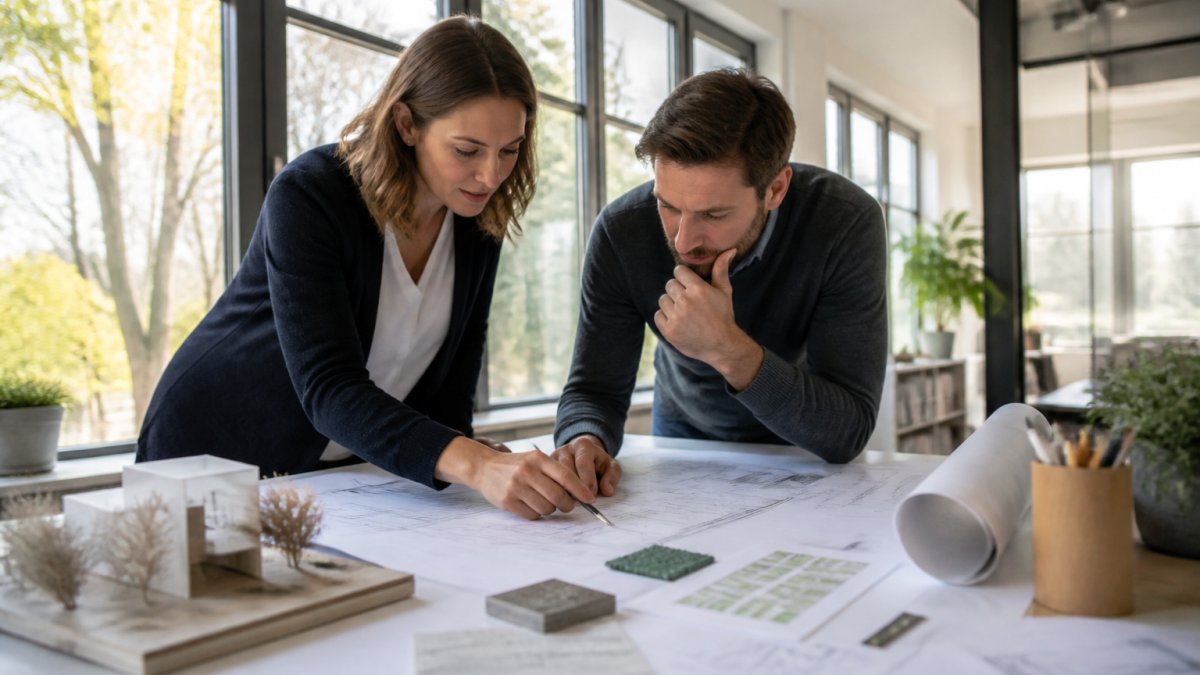 Architect and builder reviewing building plans and sustainability certifications together in a modern design office with natural light from large windows