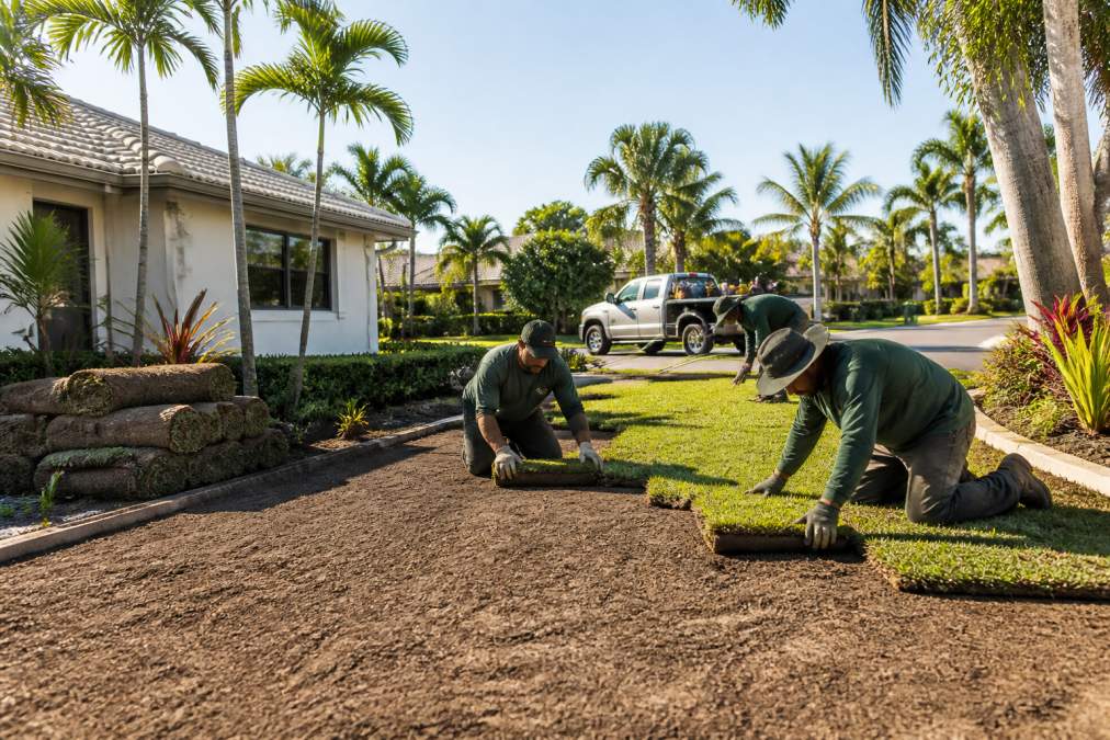 Landscaping crew in work clothes laying rolls of St. Augustine sod on freshly graded soil in front of a single-story South Florida home, palm trees and a pickup truck with equipment in the background, bright morning light
