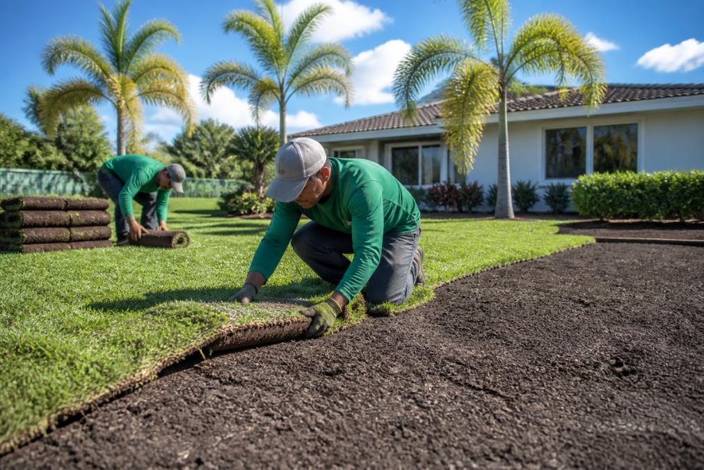 A landscaping crew in work clothes rolling out fresh sod strips over dark, freshly tilled soil in a residential yard, palm trees and a single-story Florida home visible in the background under bright sunlight