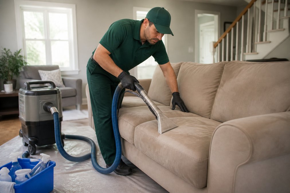 Professional cleaner using a steam wand for deep sofa cleaning on a beige microfiber couch in a living room