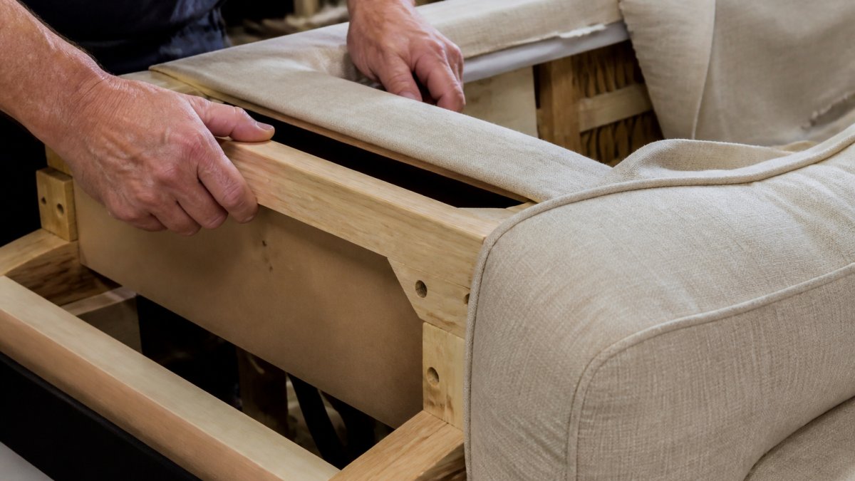 Close-up of hands examining the hardwood frame construction of a sofa, with detailed stitching visible on upholstery and natural workshop lighting
