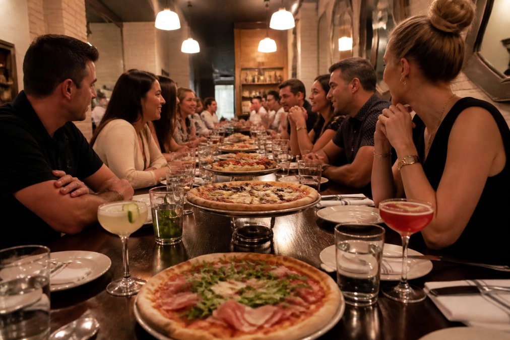 Infographic comparing group dining features at a Sofia Pizza Shoppe alternative in Midtown East