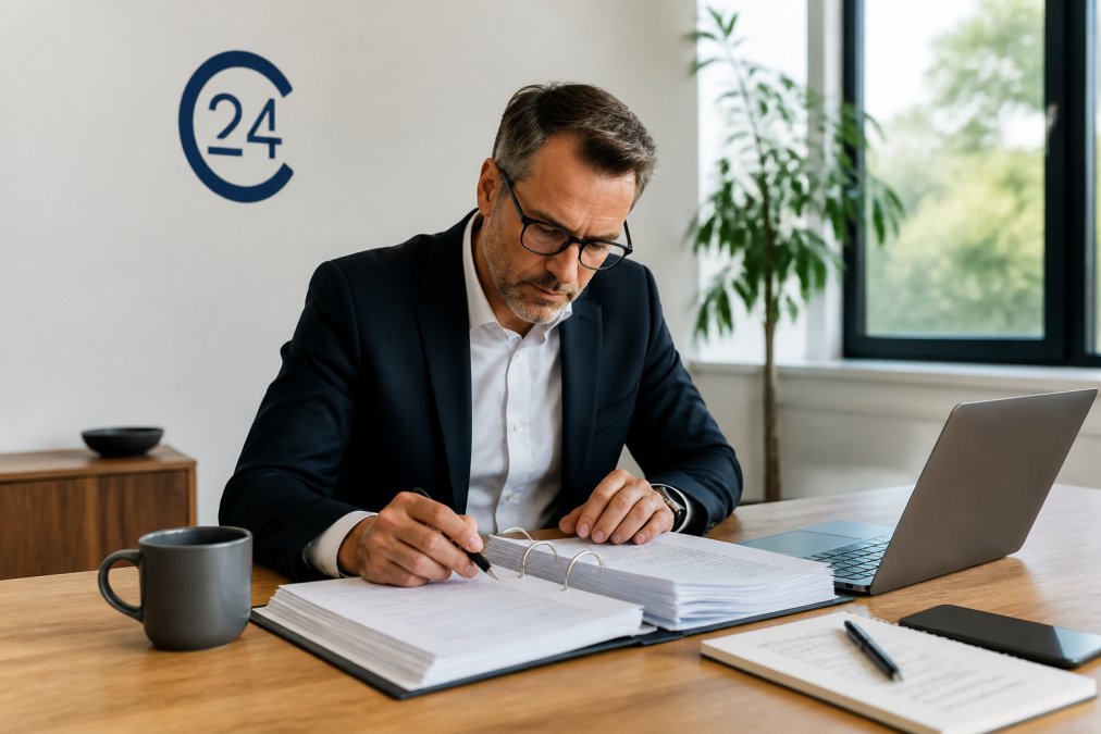 Ein Unternehmer mittleren Alters sitzt an einem großen Holztisch in einem hellen Büro, vor sich ein aufgeschlagener Ordner mit Gesellschaftsvertrag und ein Laptop mit Handelsregister-Suche. Daneben eine Tasse Kaffee und ein Notizblock mit Zeitnotizen.