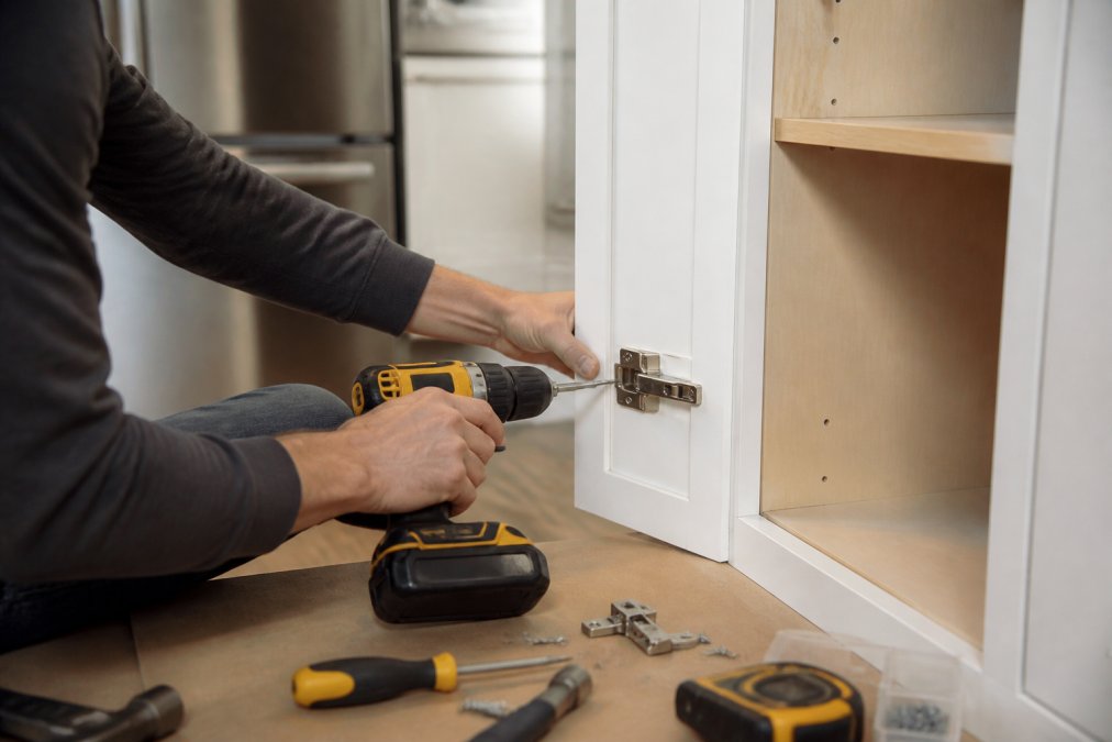 Hands of a DIY homeowner installing a cabinet hinge using a drill and screwdriver on an inset cabinet door in a kitchen, with tools and hardware visible on the work surface