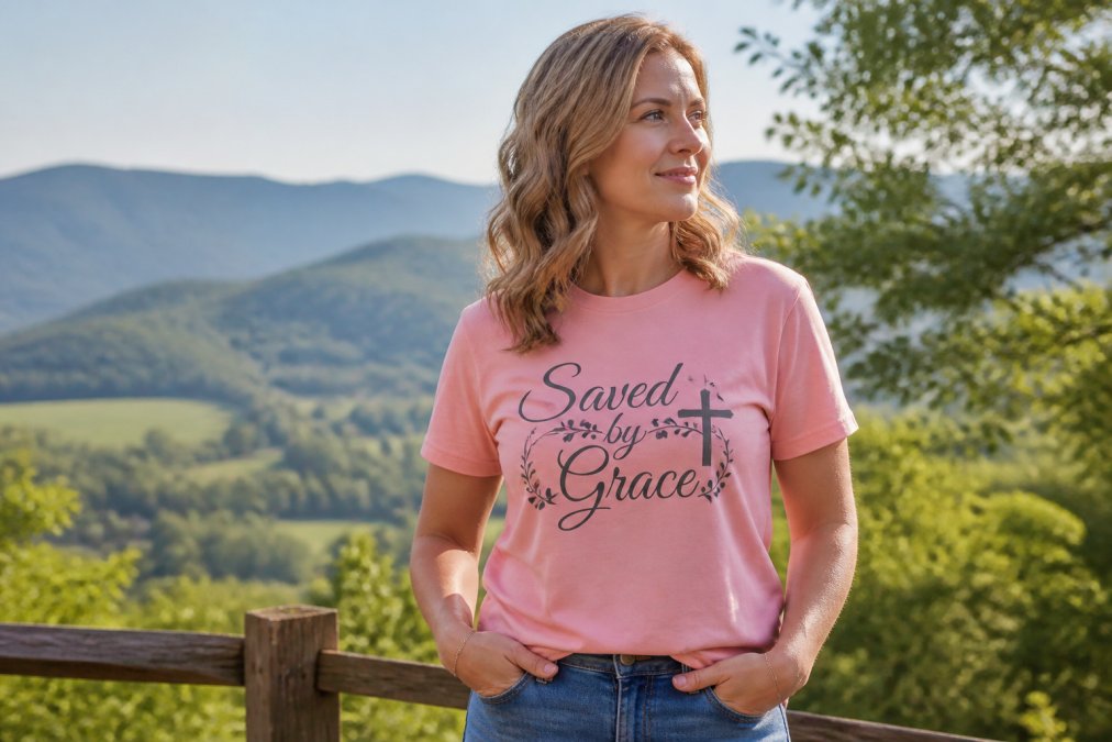 Woman wearing a soft pink Christian graphic tee with elegant Saved by Grace design, standing in natural outdoor sunlight with a peaceful, confident expression