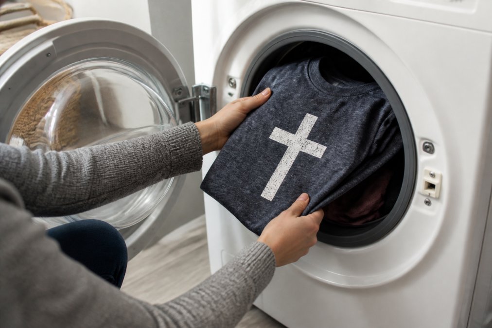Close-up of hands gently placing a Christian graphic tee into a washing machine with cold water setting visible, demonstrating careful laundry care technique