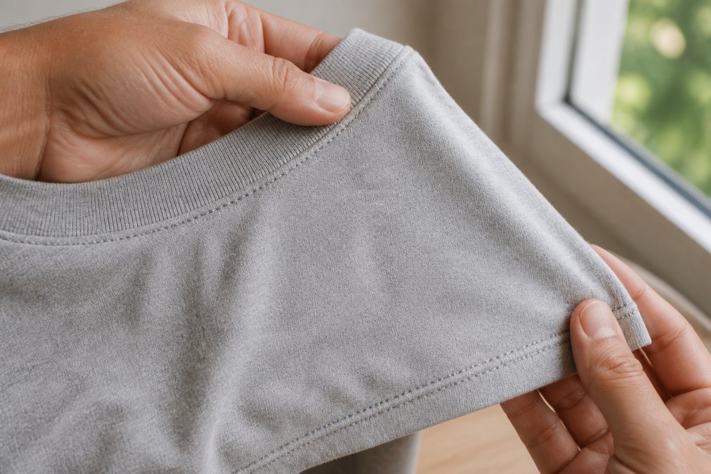 Close-up of a person's hands holding the collar and hem of a plain cotton t-shirt, showing the fabric structure and stitching detail in natural window light