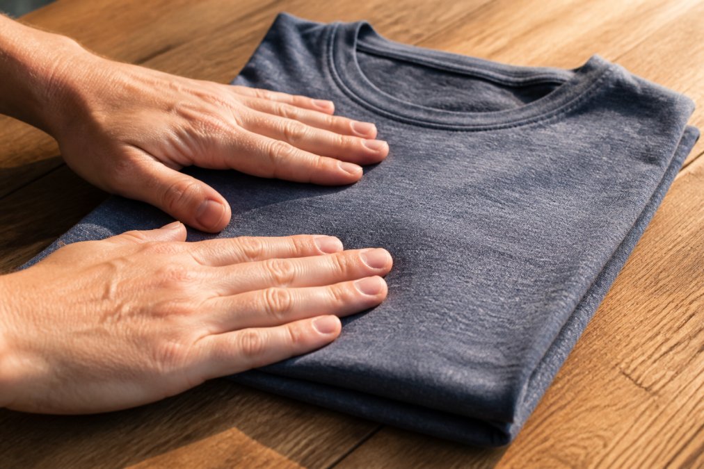 Close-up of a pair of hands gently pressing into the surface of a folded soft ringspun cotton t-shirt laid flat on a natural wood table, with warm afternoon light highlighting the fine weave texture and subtle fabric grain