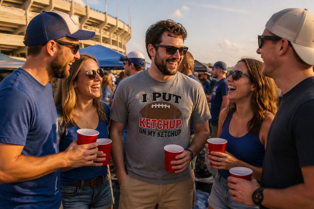 A group of five friends laughing together at an outdoor tailgate party in a stadium parking lot, one person in the center wearing a bold graphic t-shirt with a humorous sports slogan, everyone holding drinks and smiling in late afternoon golden hour light