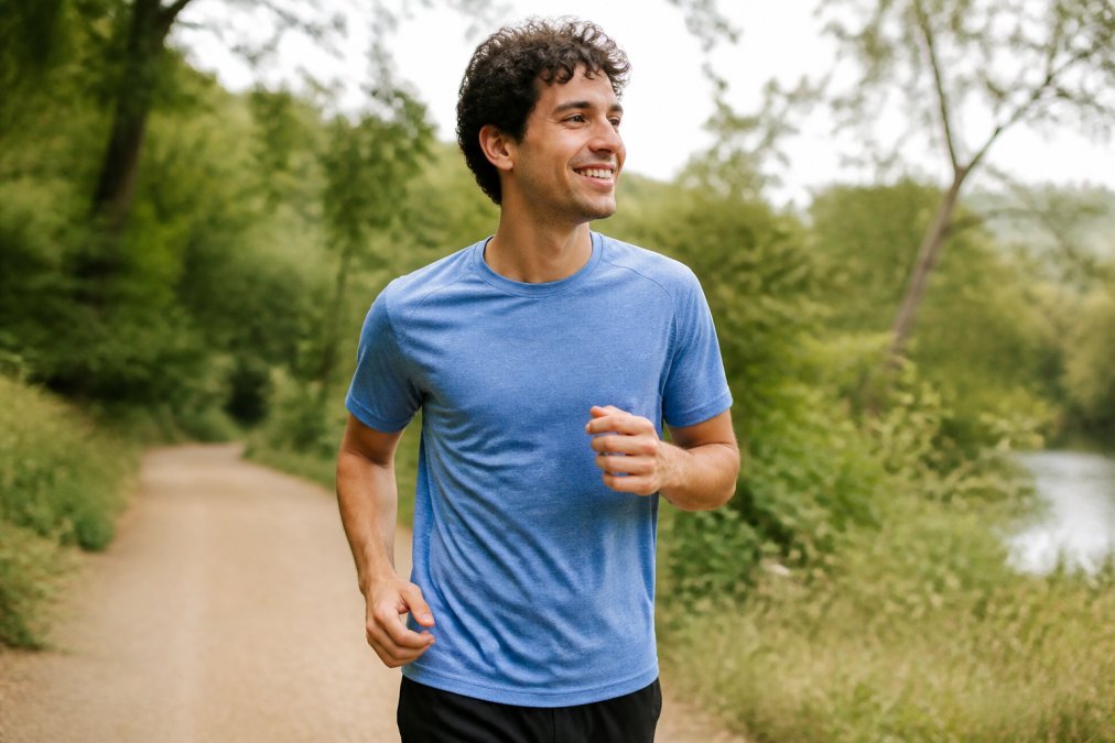 Person wearing a soft feel sports t-shirt during casual outdoor activity, showing comfortable fit and relaxed posture with natural movement