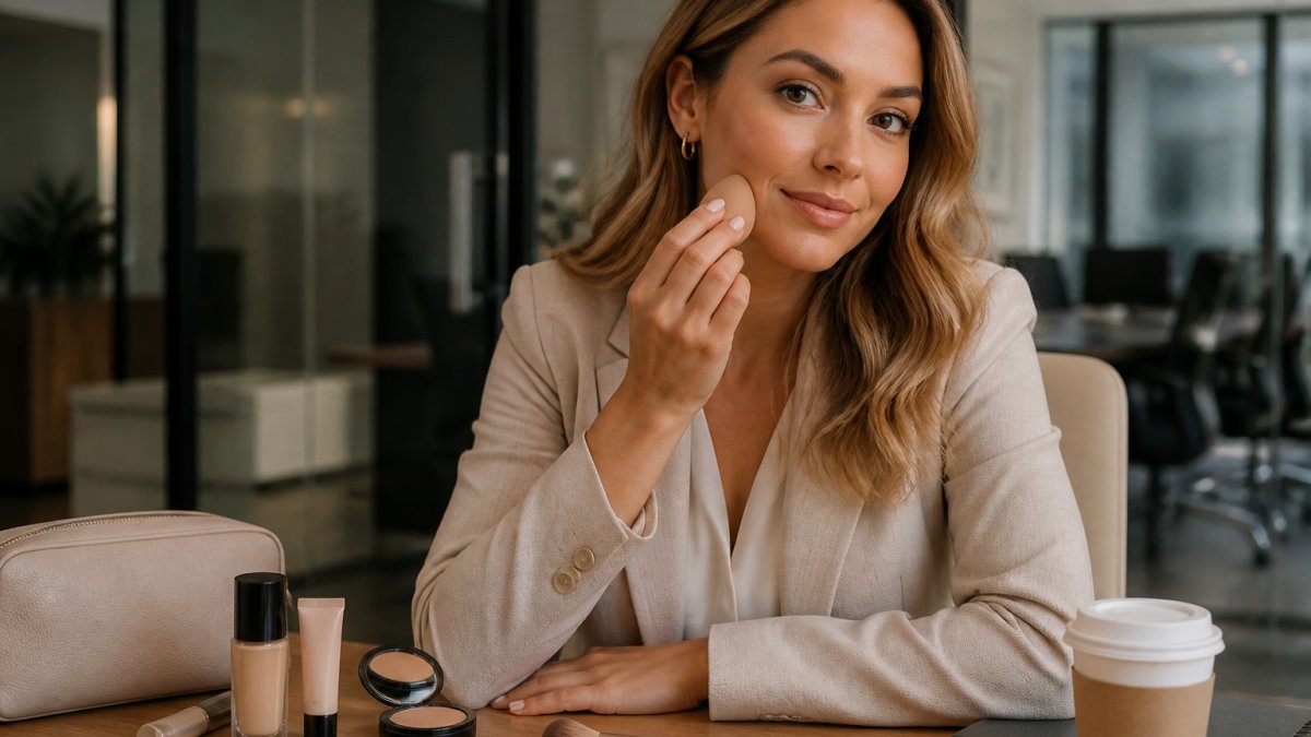 Step-by-step diagram for applying foundation and concealer to achieve soft glam makeup work in a professional office setting.