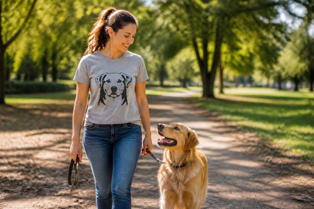 A woman wearing a soft graphic dog-themed t-shirt, smiling while walking her golden retriever in a sunny park