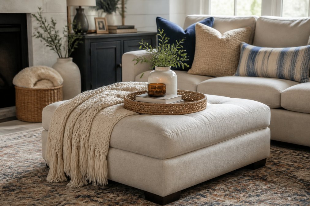 Cozy living room with soft upholstered ottoman positioned in front of a sofa, styled with a decorative tray, throw blanket, and accent pillows creating an inviting seating arrangement