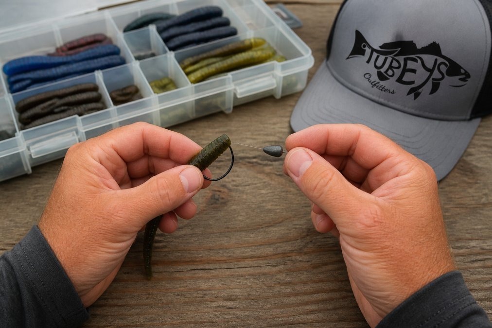 Step-by-step diagram showing the Texas rig setup for soft plastics for freshwater lakes, including hook and weight placement.