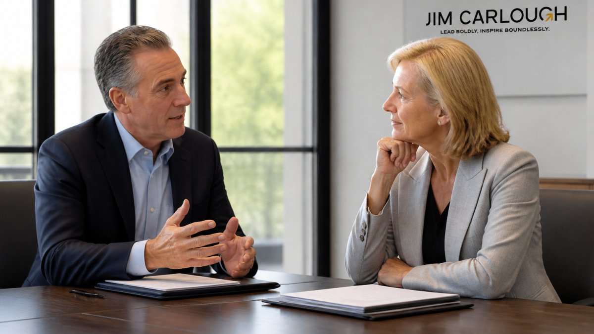 Two senior leaders engaged in a focused conversation across a modern conference table, one listening intently while the other speaks, natural office lighting illuminating their expressions of engagement and mutual respect