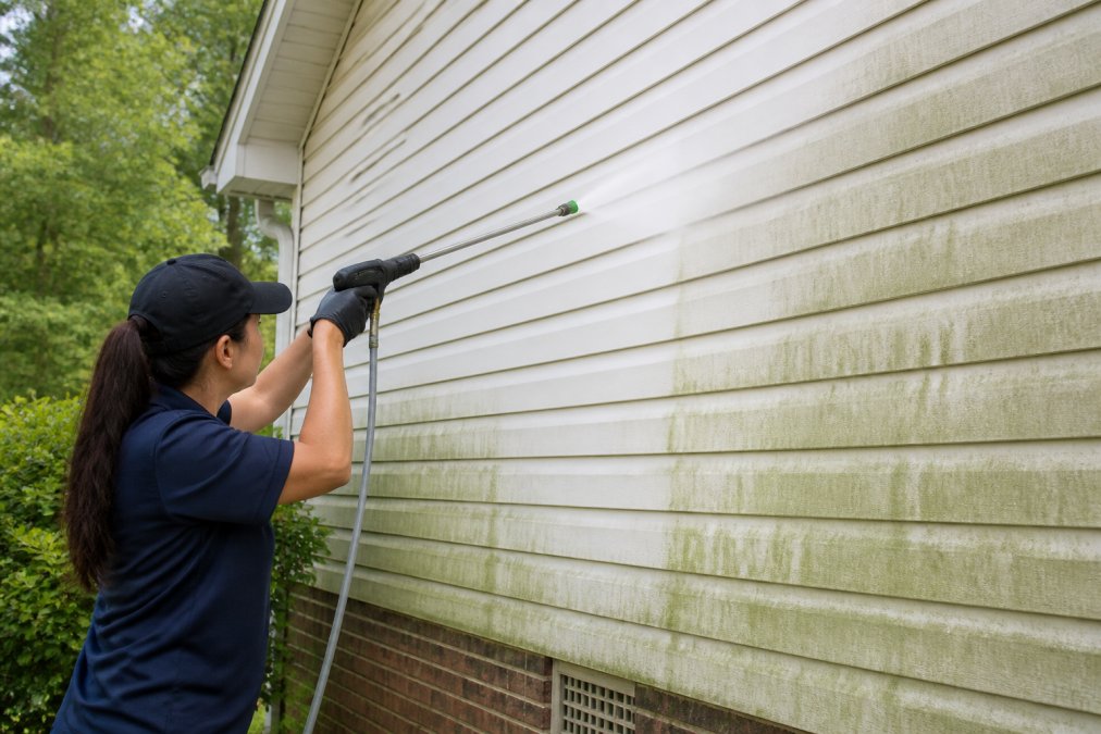 A technician in branded workwear applying a low-pressure soft wash solution to vinyl siding on a residential home, with a soft mist visible from the nozzle and green algae staining on the siding before treatment