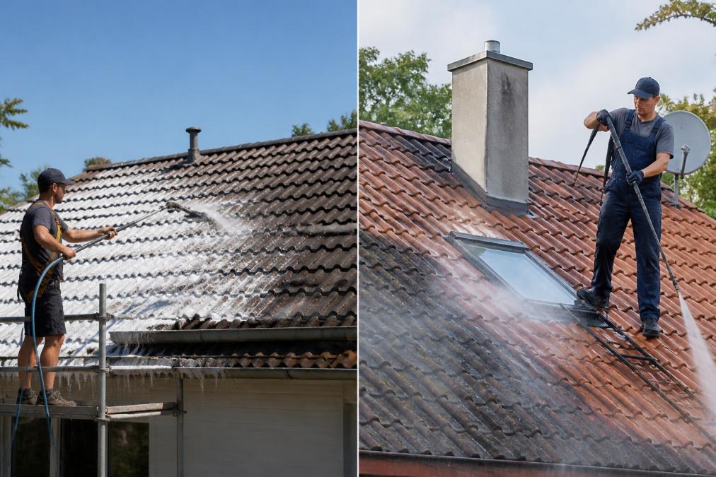 A professional cleaner using a low-pressure soft wash system on a tiled roof, with visible eco-friendly solution and water-fed pole, set against a clear sky