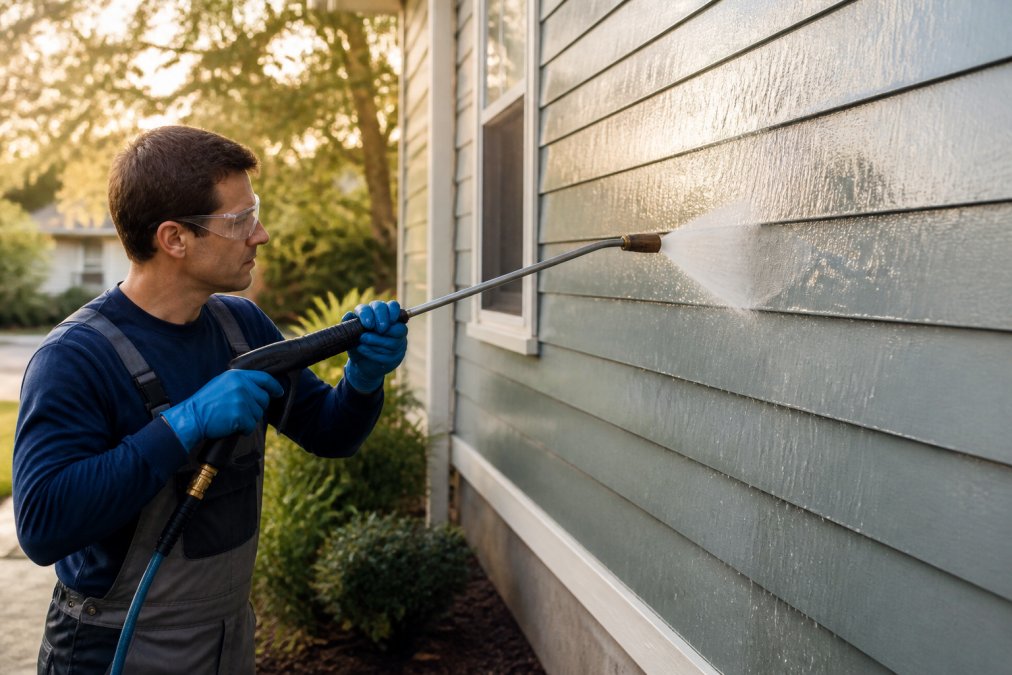 Technician using a low-pressure wand to clean delicate house paint on wood siding during the late afternoon.