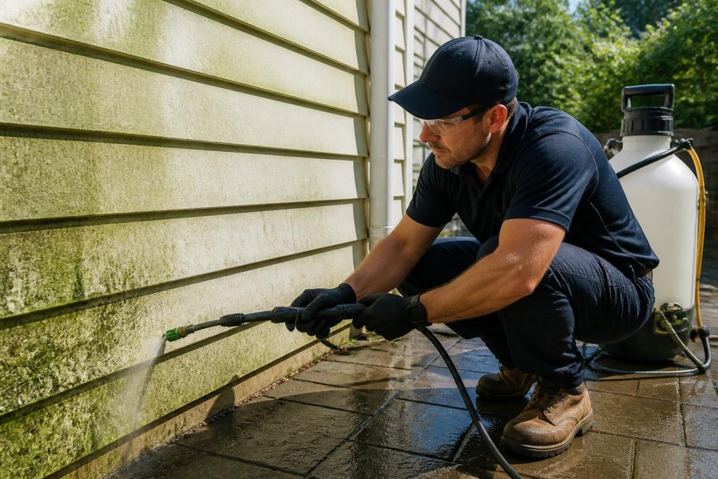 A tradesperson in full work gear crouching at ground level, holding a soft wash low-pressure nozzle tip against a weatherboard house exterior covered in visible green algae and mould, with a chemical solution tank visible in the background, photographed in bright midday sunlight