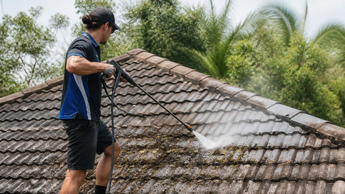 Professional technician applying soft washing solution to a residential roof using low-pressure equipment, with gentle mist visible against weathered tiles in natural daylight