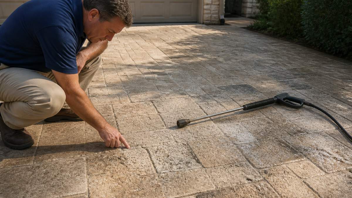Homeowner inspecting surface damage on natural stone pavers after pressure washing stone surfaces.