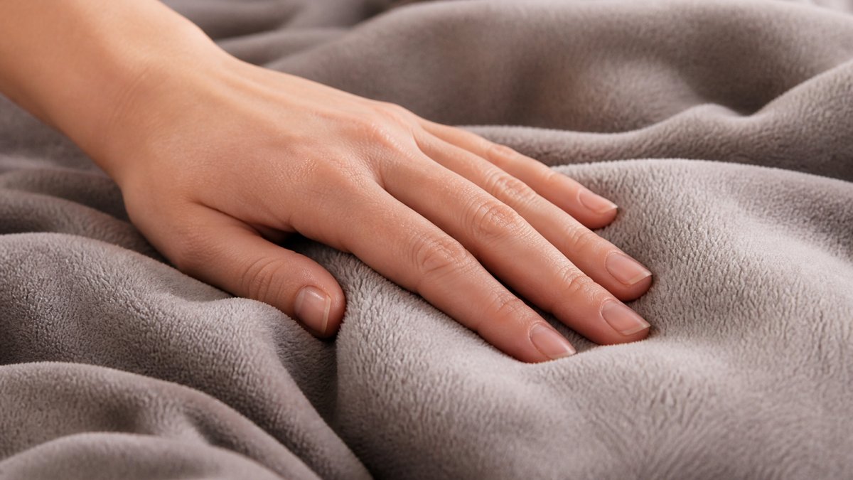 Close-up of a hand gently touching a soft fleece blanket, showing the smooth texture and plush fibers against skin in warm natural lighting