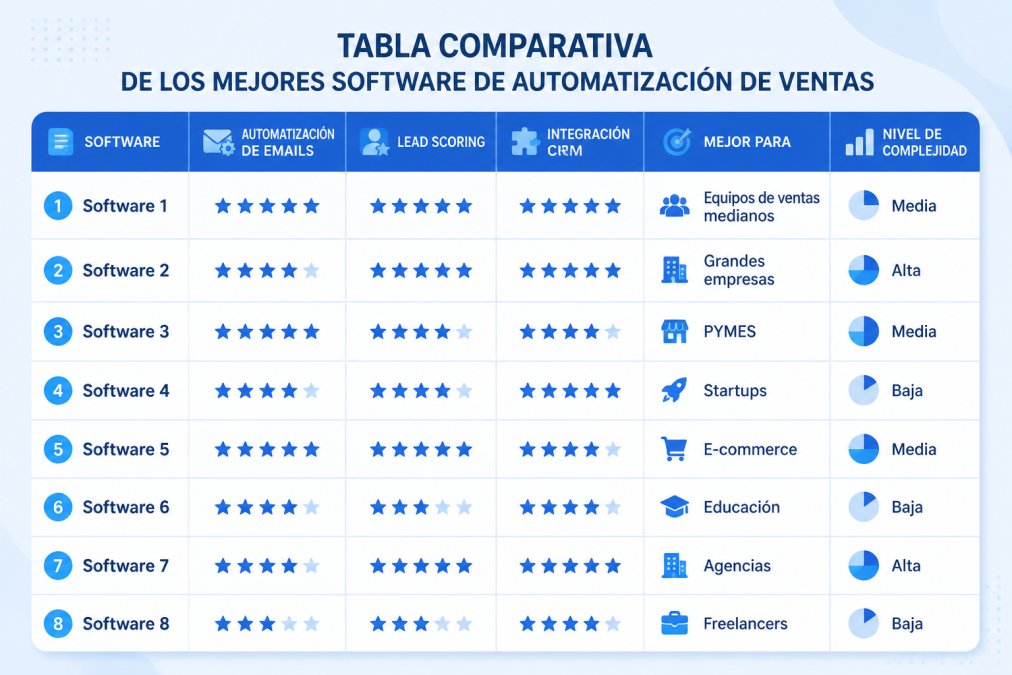 Tabla comparativa mostrando 8 software de automatización de ventas con columnas: Automatización de Emails, Lead Scoring, Integración CRM, Mejor Para, Nivel de Complejidad