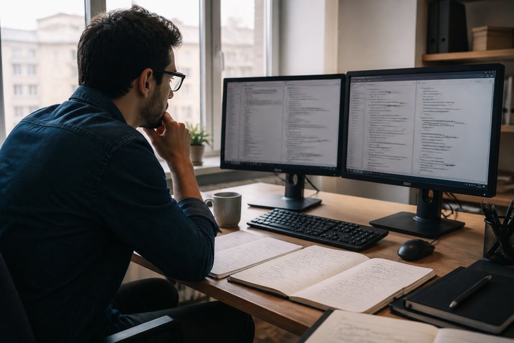 Software engineer at a desk with multiple monitors, reviewing code and pipeline architecture notes on screen, notebooks and documentation scattered nearby, natural office lighting