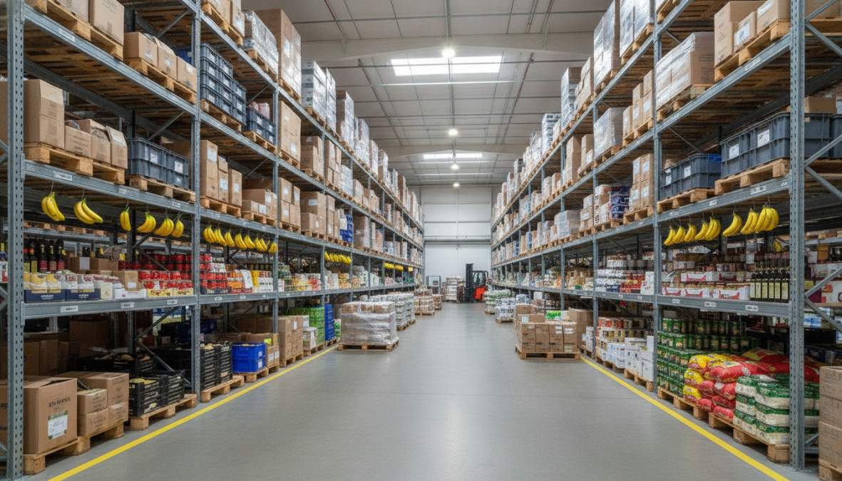 Qualitätsmanager in einer Lebensmittelproduktionsanlage überprüft Chargendaten auf einem Tablet, umgeben von beschrifteten Lagerboxen und Regalen in einer sauberen Lagerumgebung, helles Industrielicht