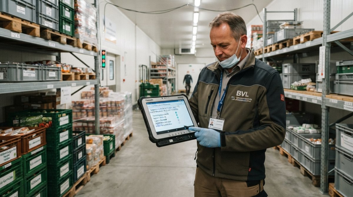 Lebensmittelkontrolleur prüft Werte für Software für Lebensmittelsicherheit im Test auf einem Tablet in einem Kühlhaus.