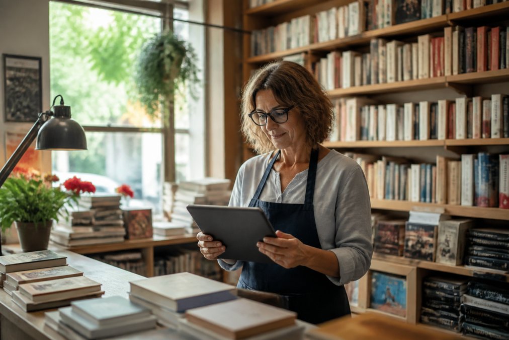 Una libraia dietro il bancone di una piccola libreria indipendente che usa un tablet per controllare il magazzino, con scaffali di libri illuminati da luce naturale sullo sfondo