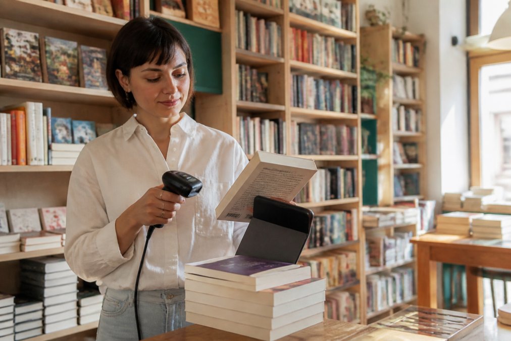 Libraio usa un tablet con software inventario libri per scansionare un volume in una libreria indipendente.