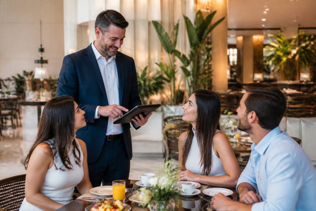 Gerente de hotel usando un software menú digital para cadenas hoteleras en una tablet junto a sus huéspedes.