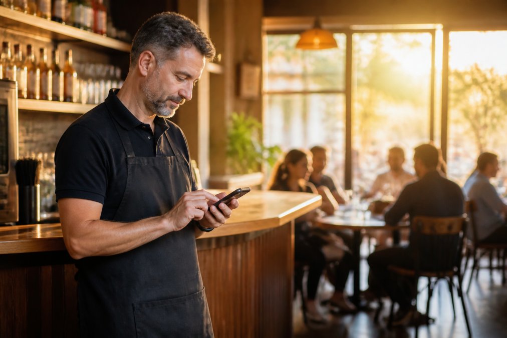 Dueño de restaurante de pie junto a la barra del local usando su smartphone para actualizar el menú digital, con clientes desenfocados al fondo y luz cálida de tarde entrando por la ventana